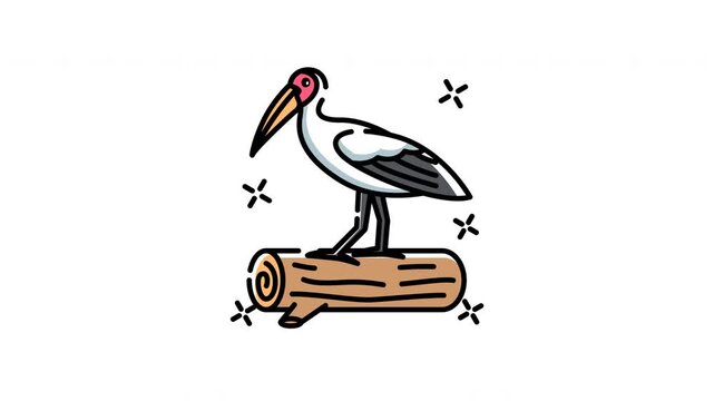 Stork cartoon motion shows a wood stork standing on a log in cartoon style.