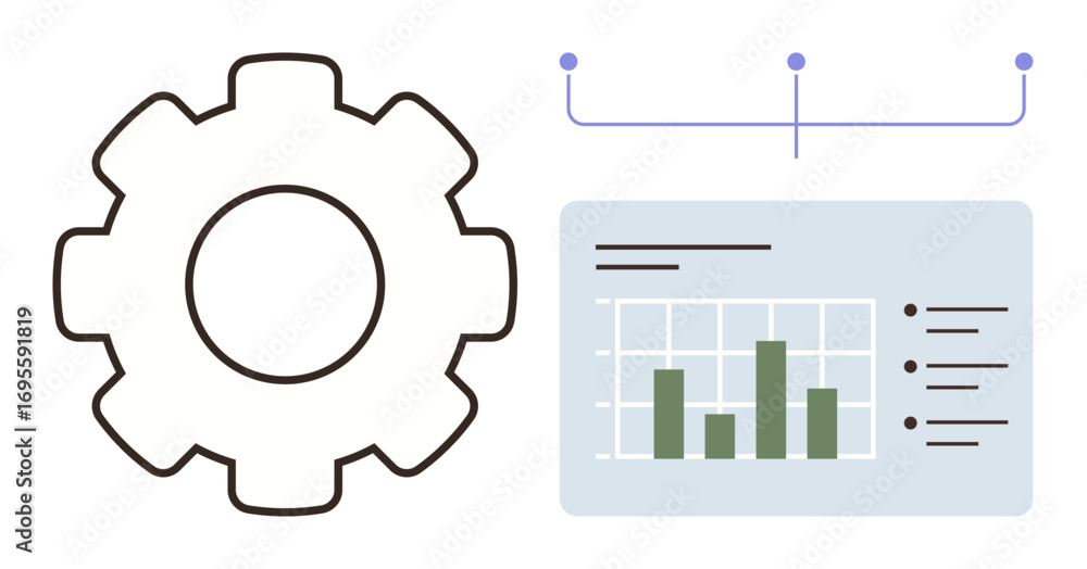 Poster gear beside a bar chart analytics dashboard. thin connecting lines symbolize linking systems. ideal 