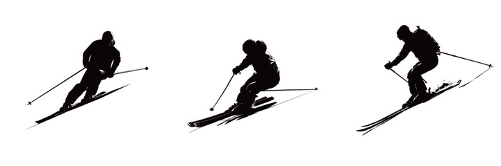 Skiers are gracefully maneuvering down a snowy slope, showcasing their skills with precise turns and pole usage during winter activities.
