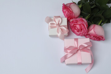 Pink rose with gift on white background
