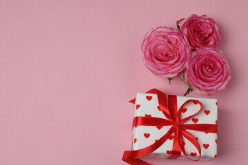 Pink rose with gift on pink background
