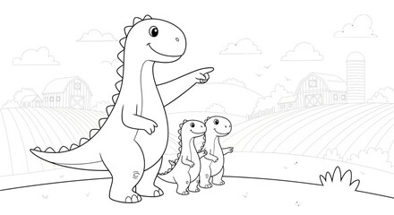 Obraz premium A friendly dinosaur family outing on a farm coloring page with rural landscape view