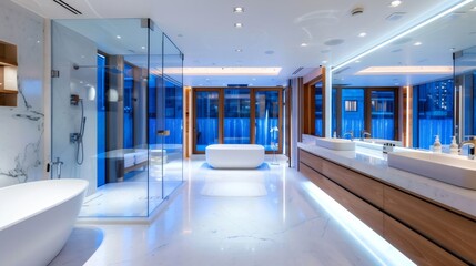 Modern bathroom boasting blue led lights, glass shower and freestanding bathtub
