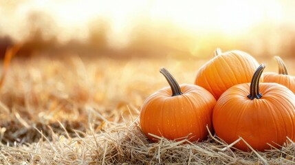 A serene autumn scene featuring vibrant orange pumpkins resting on straw, illuminated by soft sunlight.