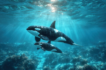 Obraz premium Graceful Orcas Swimming Together in Clear Blue Ocean Waters with Sunlight Streaming Down
