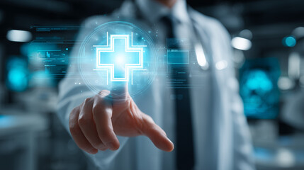 Doctor using digital interface to interact with health symbol  