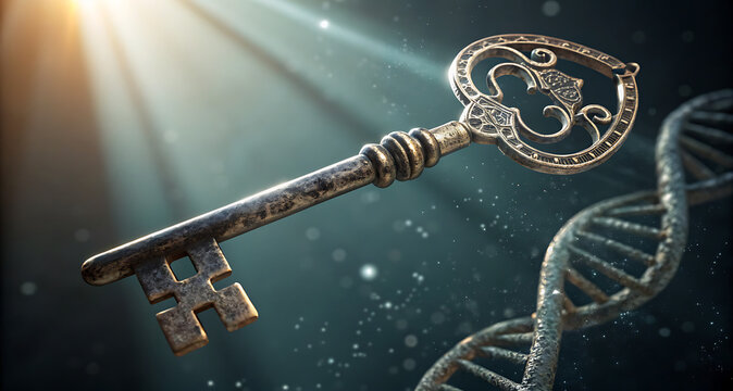 An ornate key floating above a dna strand illuminated by bright light in a dark background