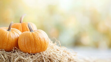 Three bright orange pumpkins rest atop a bed of straw, set against a softly blurred background, evoking a warm, autumnal atmosphere.