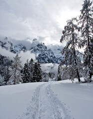 Snowy mountain path, winter landscape