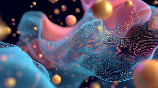 Ethereal cloudlike structure in pink and blue with floating golden spheres and shimmering particles, abstract science concept