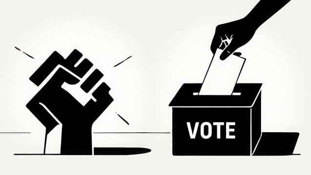 Fist of protest and hand casting vote in election ballot box