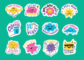 Fun Cute Doodle Sticker Pack Featuring Character-Based Quotes on Selfcare and Emotion