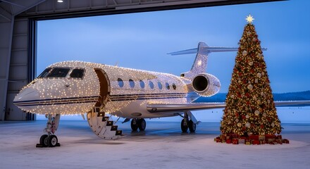 Fototapeta premium Private jet decorated with Christmas lights and a Christmas tree