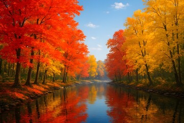 Obraz premium Autumn Vibes: Peaceful Landscape with Vibrant Fall Foliage Reflecting in Tranquil Water, a Cozy Scene of Nature Beauty and Warm Atmosphere.