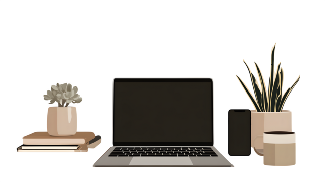 Minimalist workspace setup, isolated on transparent background