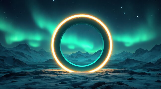 A glowing portal ring stands in a snowy landscape under the aurora borealis, creating a magical and otherworldly scene - Powered by Adobe