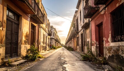 Sunlit alleyway through dilapidated buildings