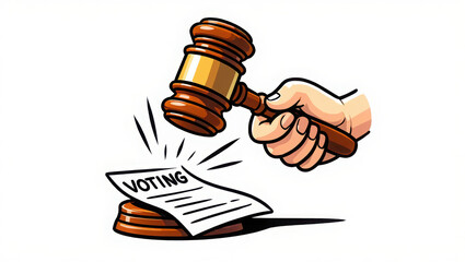 Hand holding a gavel striking a ballot paper with the word voting