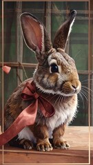 Brown rabbit with a reddish bow