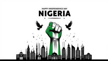 Nigerian independence day fist raised with flag and city skyline
