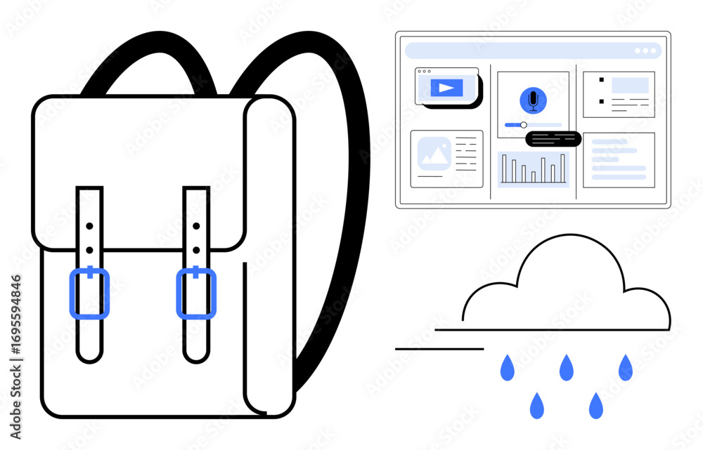Aufkleber backpack, cloud with raindrops, and web interface with data charts, video player, and notifications.
