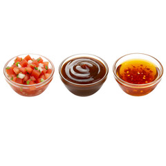 A row of three dipping sauces pico de gallo, barbecue sauce, and chili oil, Isolated on white or transparent background, PNG format.
