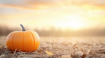 A vibrant orange pumpkin rests on dry straw as the sun sets in a serene autumn landscape.