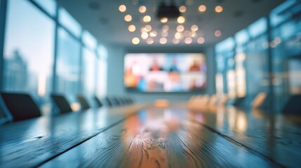 Virtual meetings concept shows Modern conference room with a large table and illuminated background screen.