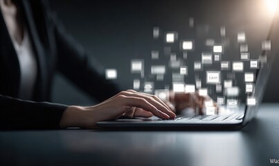 Woman working on laptop, data flowing