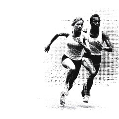 Naklejka premium Two athletes race against each other on a track, showcasing their speed and determination during a competitive sprint. The scene captures the intensity and focus of the event.