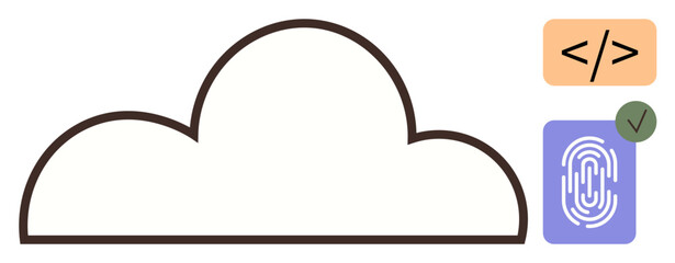 Cloud outline with fingerprint for secure authentication and code symbol for development. Ideal for tech, data storage, security, software engineering, cloud services, programming, minimalism. Clean