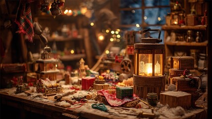 "Cozy Christmas Decorations with Lantern, Gifts, and Festive Ornaments &ndash; Warm Holiday Atmosphere"