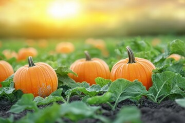Obraz premium A picturesque pumpkin patch at sunset, showcasing vibrant orange pumpkins nestled among lush green leaves in a serene landscape.