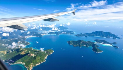 Aerial view of islands and ocean from airplane