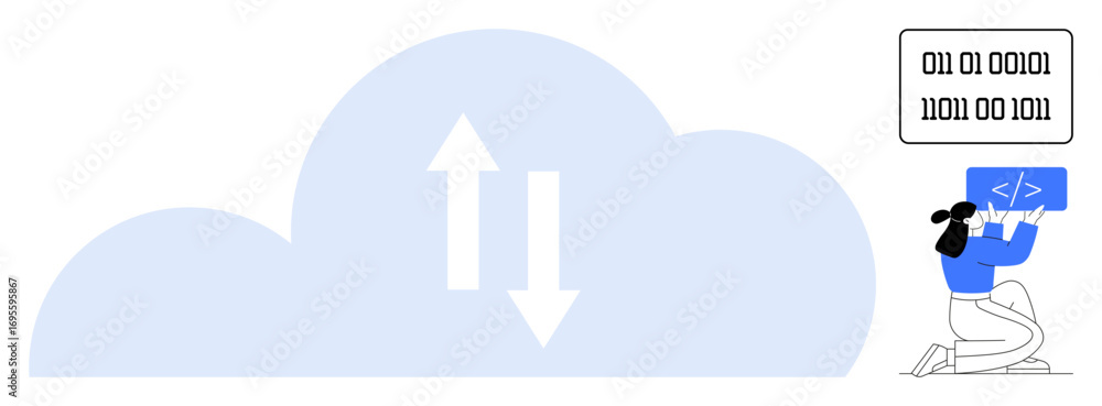 Poster large cloud with up and down arrows representing file transfer. woman coding on laptop, binary code 
