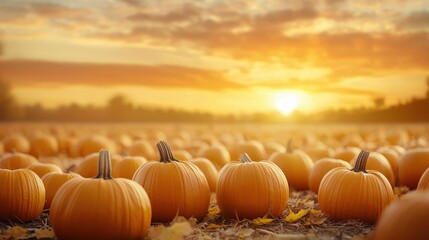 A serene pumpkin patch at sunset, with rows of vibrant orange pumpkins under a warm, golden sky.