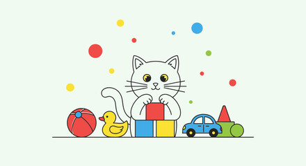 Naklejka premium Delightful cartoon illustration of a cat playing with toys enhancing childhood joy