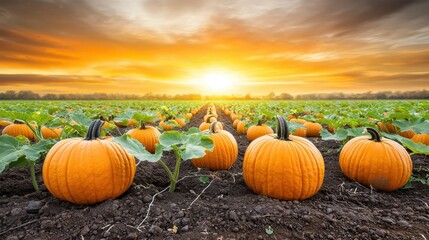 A vibrant pumpkin field at sunset, showcasing ripe pumpkins surrounded by lush green vines against a colorful sky.