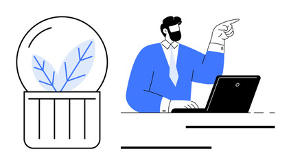 Professional man gesturing near laptop and circular plant emblem, representing eco-conscious work. Ideal for business growth, sustainability, innovation, teamwork, leadership, decision-making, simple