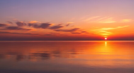Fototapeta premium Fiery Sunset Kissing a Calm Horizon with Rippled Reflections and a Lavender Sky