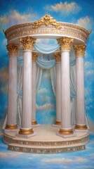 Obraz premium A circular, classical-style gazebo with light-beige columns, gold capitals, and light-blue draped fabric, set against a painted sky backdrop, creates a serene and elegant scene.