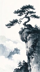 Traditional sumi-e ink painting of lone pine trees on mountain cliffs above clouds, minimalist Asian watercolor landscape