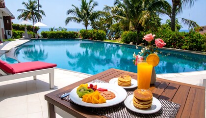 Luxurious breakfast by a pool