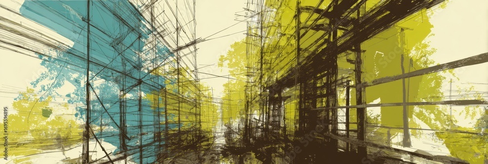 Poster design of an abstract urban landscape with vibrant colors and intricate lines representing modern ar