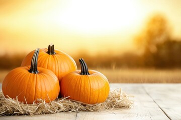 Three vibrant pumpkins sit on a bed of straw against a warm, glowing sunset, evoking autumnal charm and seasonal festivities.