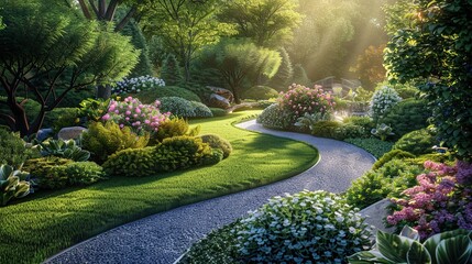 Naklejka premium Peaceful Outdoor Garden Landscape with Winding Pathway and Fresh Blossoms