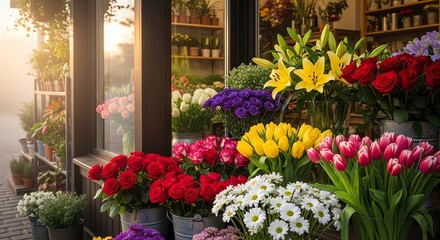 Obraz premium Vibrant Outdoor Florist Display: Fresh Roses, Lilies, Tulips, Daisies Bathed in Golden Hour Sunlight