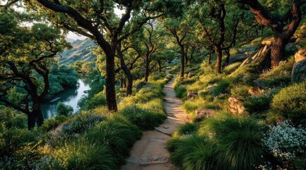 Sunlit path through a lush, forested hillside overlooking a river