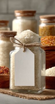 Glass jars filled with various types of rice, one with a blank label