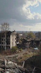 Destroyed cityscape under a cloudy sky